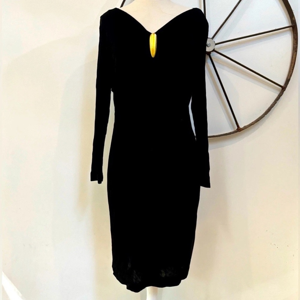 Christian Dior Vintage 1980s black knee length dress with gold bust detail L
